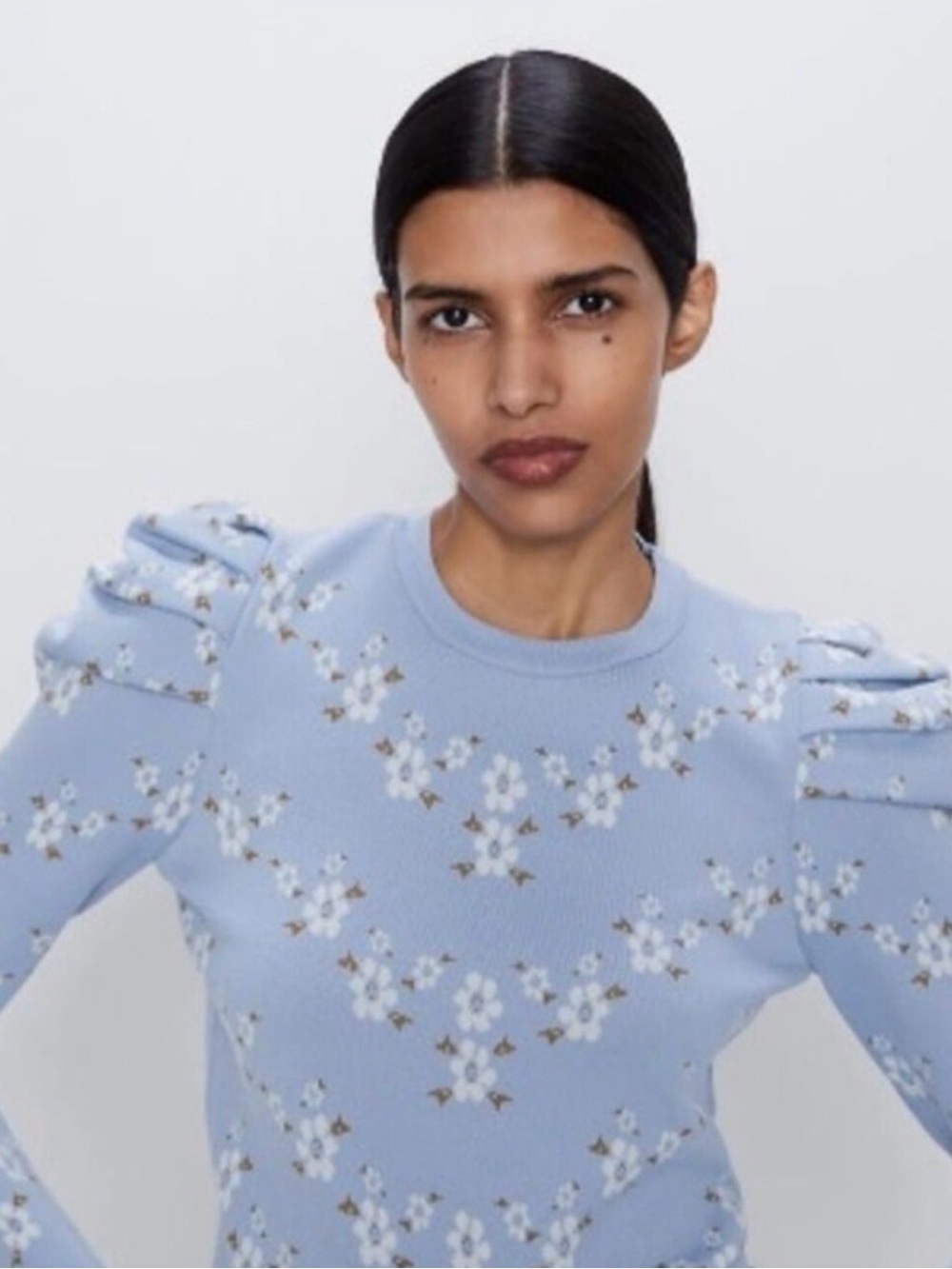 Zara Powder Blue Floral Puff-Sleeve Sweatshirt